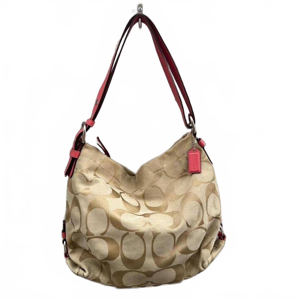 COACH Cream Beige Signature Canvas Hobo Crossbody Bag with Pink Details